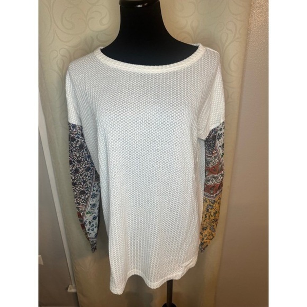 Hayden Los Angeles White Waffle Knit Patchwork Sleeve Top Women L